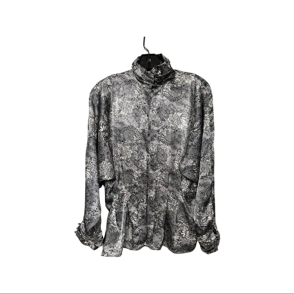 Tess Vintage long sleeve high button neck cinched/pleated waist silky blouse.